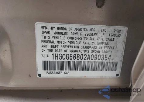 2002 Honda Accord 2.3 Ex/2.3 Se from USA, damaged, VIN 1HGCG66802A090354